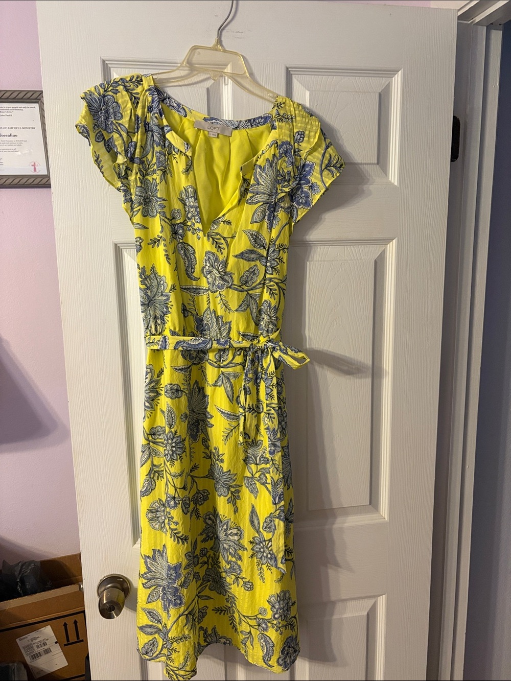 LOFT Yellow Midi Dress with Blue Floral Print